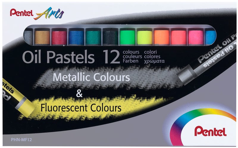 Pentel Fluorescent and Metallic Oil Pastels Set of 12 Assorted Colours, PHN-MF12 - Image 1